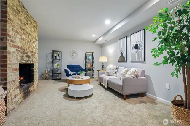 lower level family room with second fireplace