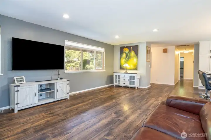 Gigantic living room attached to the kitchen and dining space.