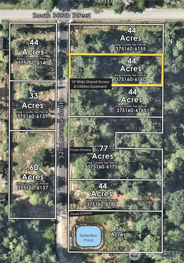 Aerial Map of Subject Property and surrounding lots available in a new South King County Project, Whispering Woods Estates.