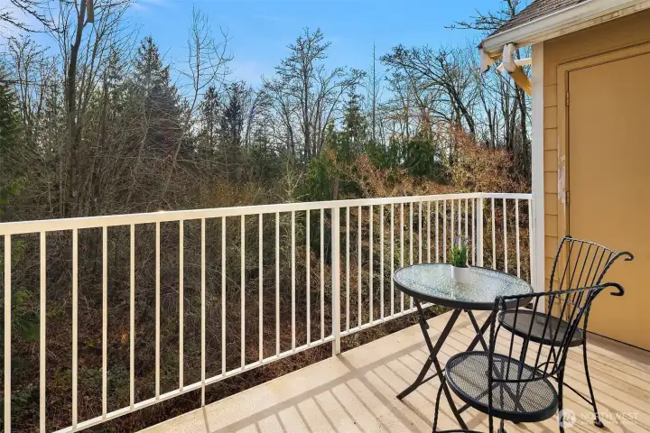 The back deck area faces to the South w/ views over the back lawn space & trees for privacy. You get the sunshine on a nice day! There is also a convenient storage closet to the right side of the deck.