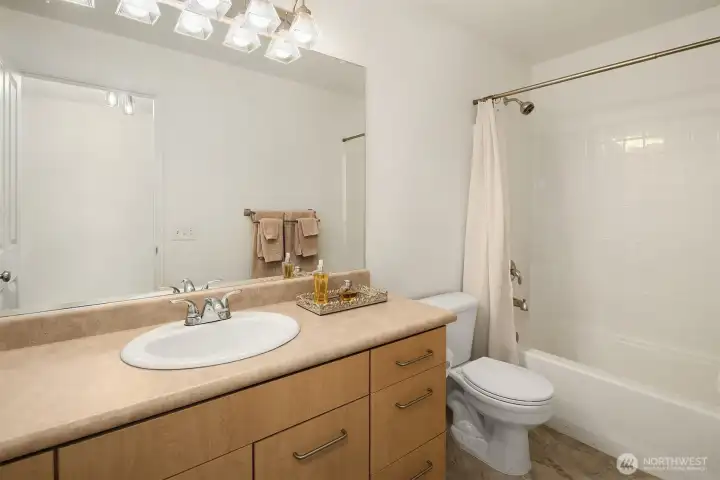 Hall bathroom with shower over the bath tub