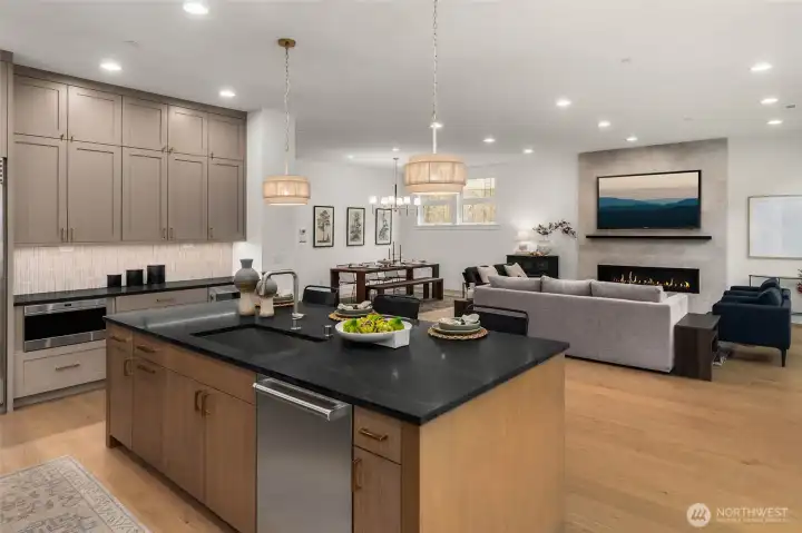 Stained island cabinets create a beautiful design element in the kitchen