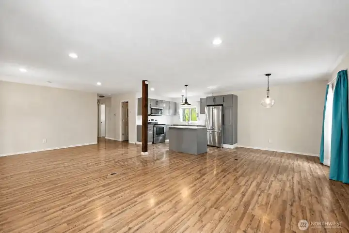 Expansive great room layout offering flexible living and dining options