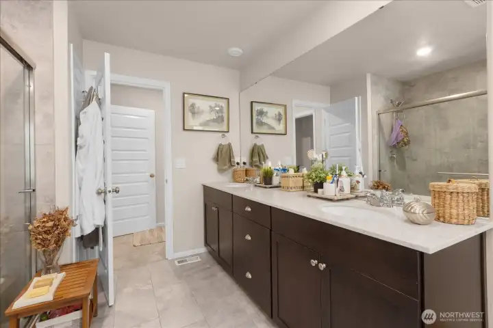 Primary bathroom with double sinks. Primary bathroom with double sinks.