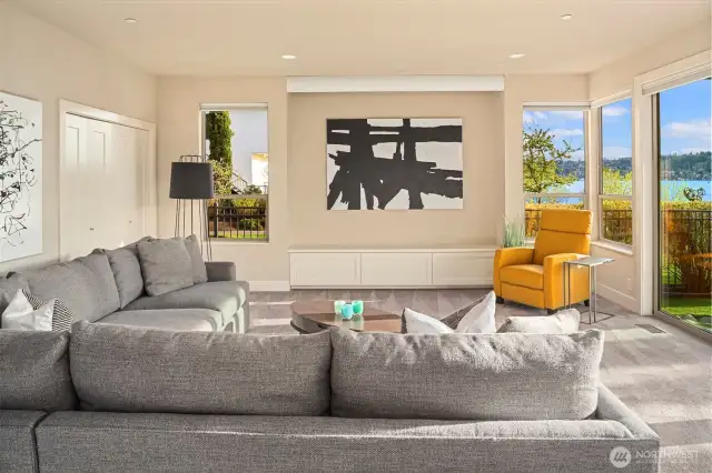 The ground floor family room is set up for movies and game nights.