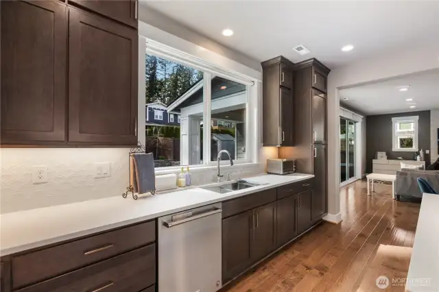 Large double sink overlooking backyard