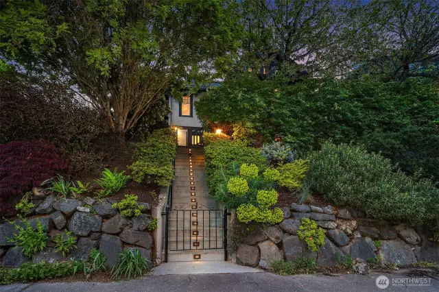 New concrete stairs and railing with built in lighting on front