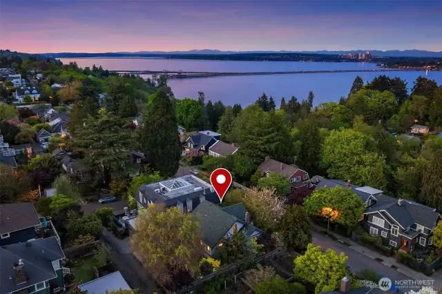 Aerial shot looking NE to Lake Washington. Mt. Baker Park is one block to the right from 34th Ave S in the green space.