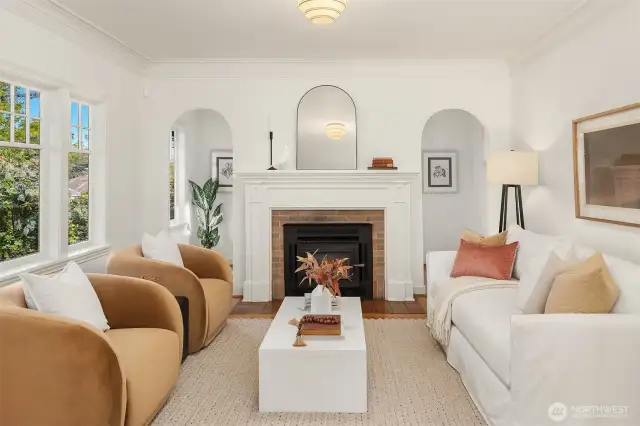 Not the three arches around the fireplace. Reading nook behing.