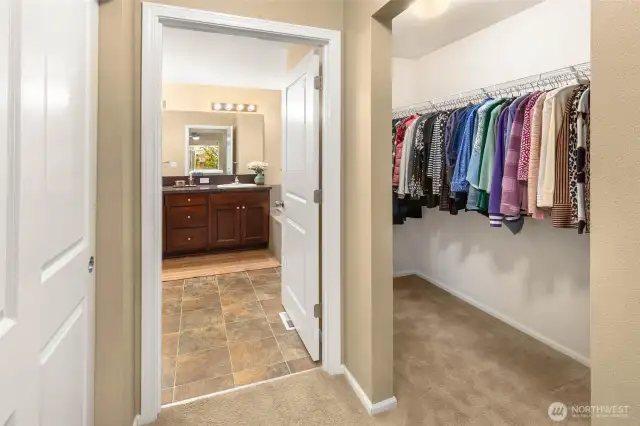 An amply sized walking closet with second closet opposite.