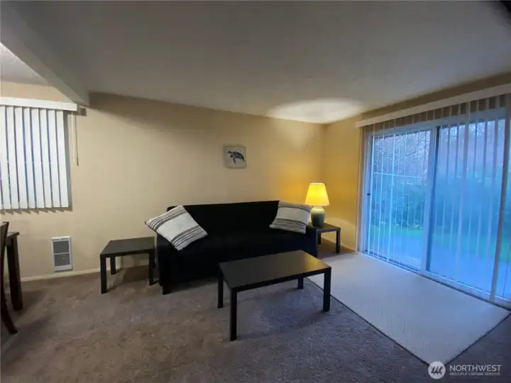 Living area with glass slider to patio