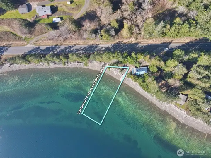 Overhead view of the waterfront access with approximate boundaries in blue.