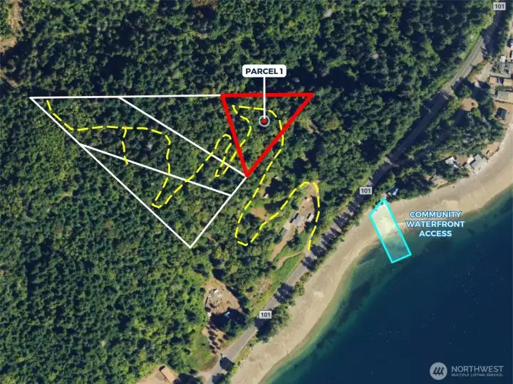 Overhead view with approximate boundaries of subject property in red and yellow dotted lines represents approximate access route.