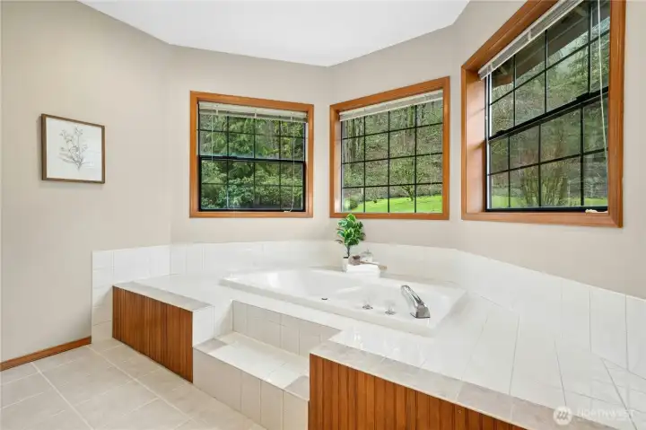 Primary bath soaking tub with a view