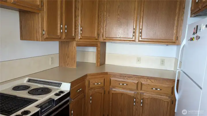 In the kitchen showing cabinets, stove and refrigerator.