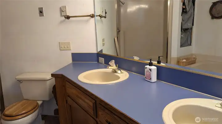 Primary bathroom with separate shower and bath. In the mirror reflection above the wicker basket is an unfinished space for shelving.