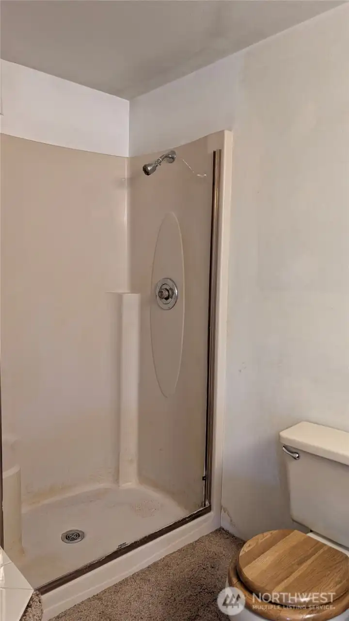Shower in Primary Bathroom. Shower Doors are currently stored in the Basement.