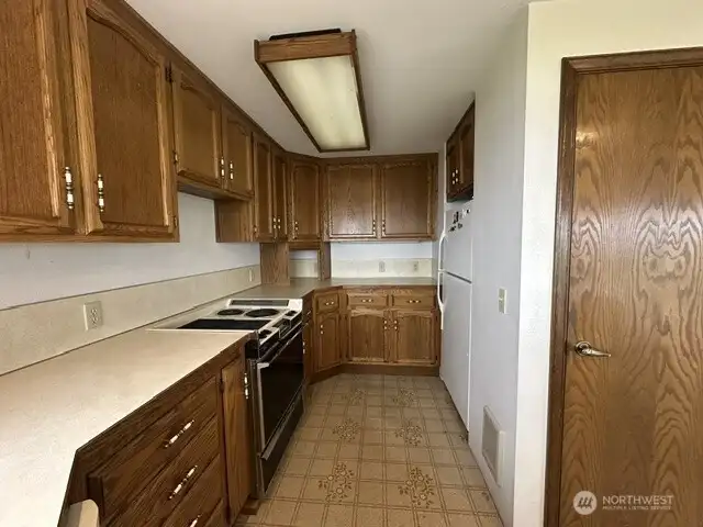 Kitchen area with the refrigerator and stove. Lots of cabinet space. The pantry is behind the door.