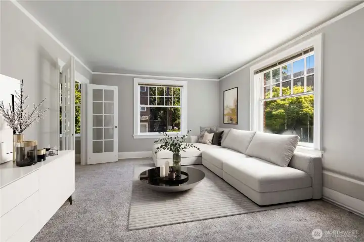 Beautifully updated large condo with new carpet paint double french glass doors to bedroom and lots of windows for natrual light. Photo is virtually staged to see much furnishings you can put in this units