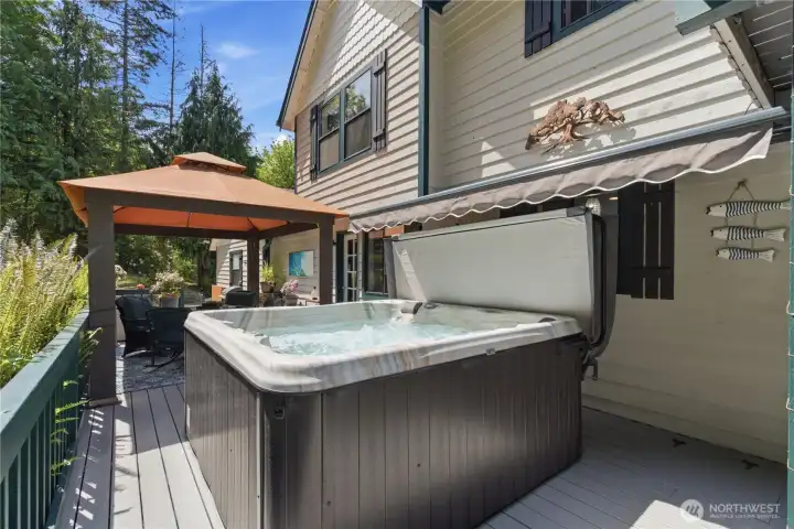 Oh! My! Under the stars or open the canopy for protection of inclement weather, this year-a-round hot tub is exactly what you need after a long day! (Hot tub can be included.) Oh! My! Under the stars or open the canopy for protection of inclement weather, this year-a-round hot tub is exactly what you need after a long day! (Hot tub can be included.)