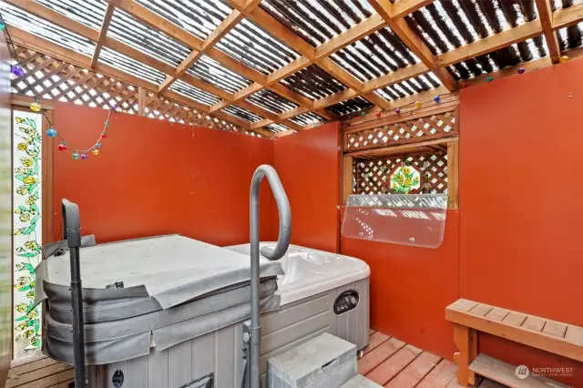 Hot tub Jacuzzi area located outside the home, complete with seating benches—perfect for relaxation and enjoyment.