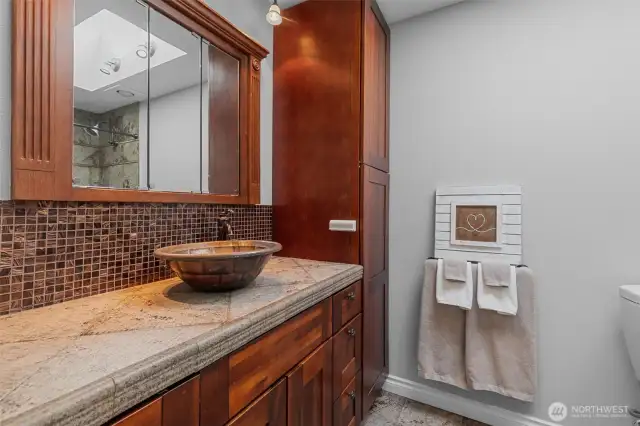 Main Bathroom with Tile Flooring & Countertops