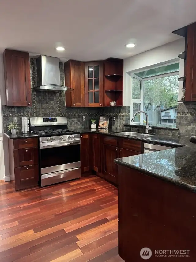 Beautiful Solid Cherry Wood Cabinets and Hardwood Flooring