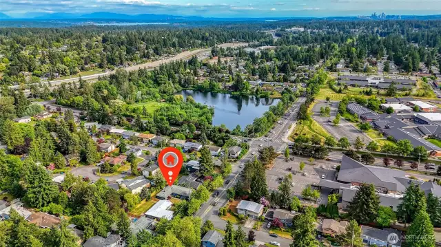 Home is kitty corner to Meridian Park Elementary School and Ronald Bog Park and photo shows proximity to I-5.