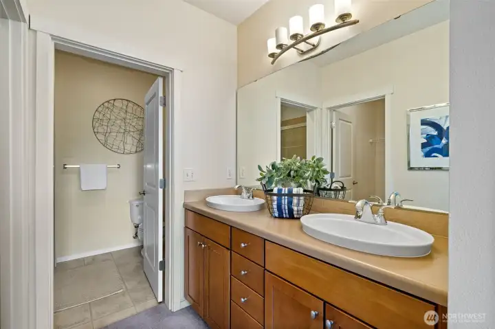 En-suite bathroom, double sink to the right, walk-in closet to the left, plus shower.