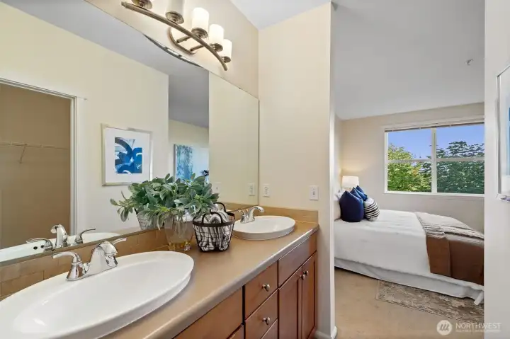 Double sink and storage off primary bedroom.