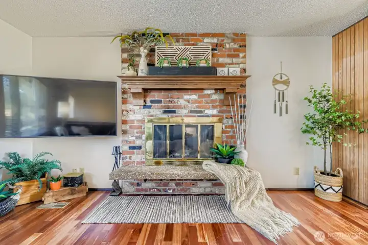 Living room w/ wood fireplace