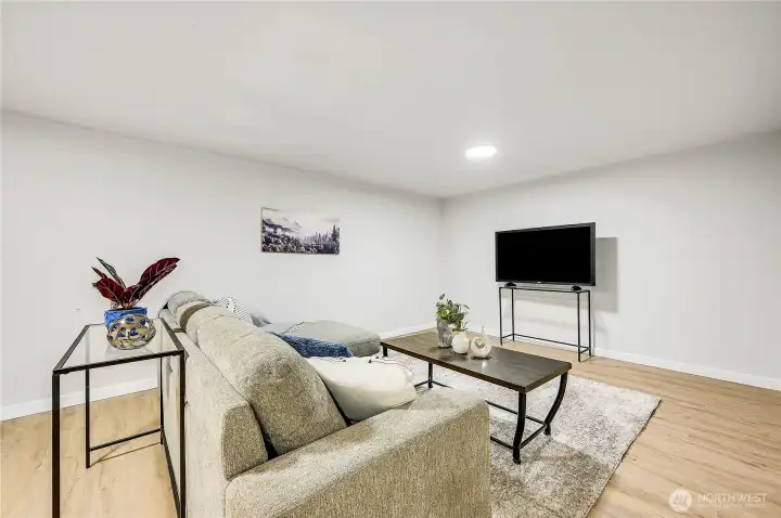 The large family room is great place to gather for movie night.