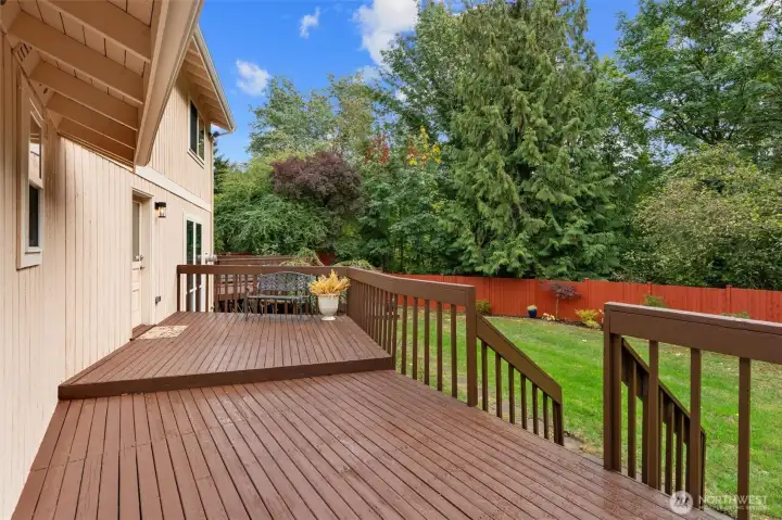Rear exterior view showcasing deck, lower patio area, and connection to the yard.