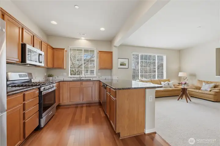 Open kitchen to the gracious living room.