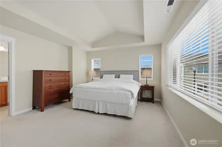 Spectacular primary suite with cathedral ceilings, corner windows for natural light leads to walk-in closet & sumptuous double vanity bath.