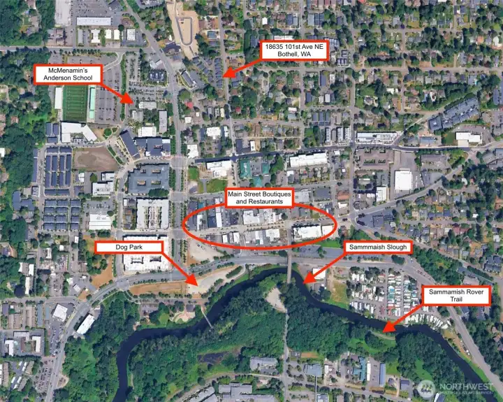 An aerial view of downtown Bothell & so close to Main Street's boutique shopping & dining!
