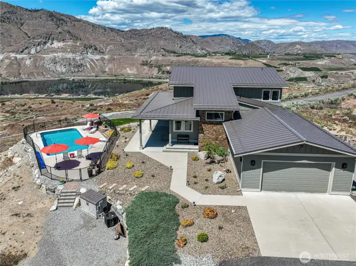 Aerial view of home overlooking Haystack Ridge and the Columbia River.