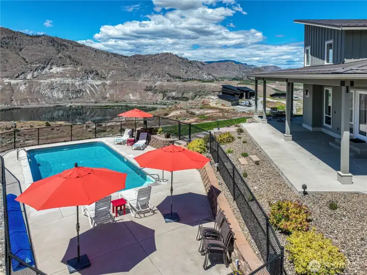 Aerial view of pool overlooking Haystack Ridge and the Columbia River.