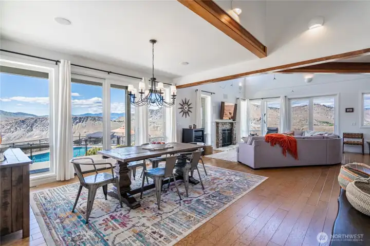 View of Dining and Living Room with oversized windows overlooking the Columbia River.