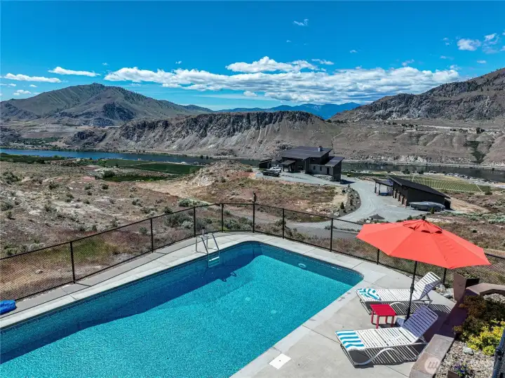 Pool and outdoor living area overlooking the Columbia River.