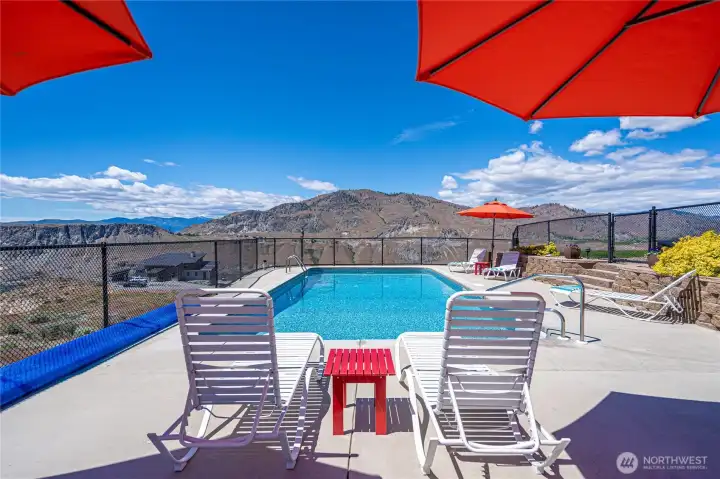 Pool and outdoor living area overlooking the Columbia River.