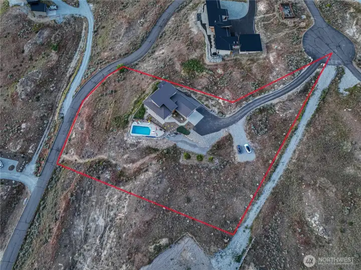 Annotated aerial view of home and property.