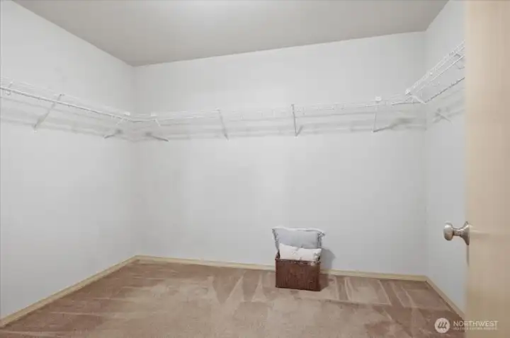 Huge walk-in closet through the primary bath