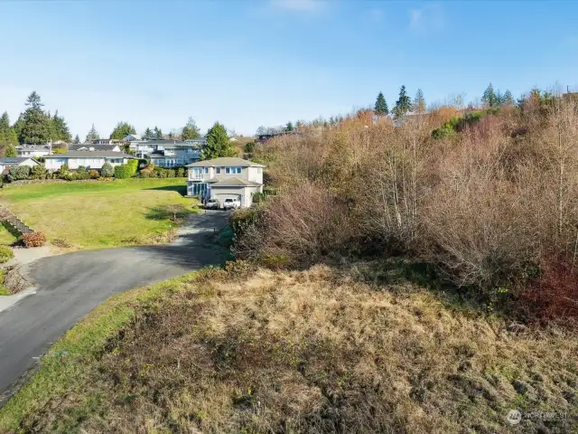 Drone shot looking down at lot which shows brown brush and some trees on the right side of the photo