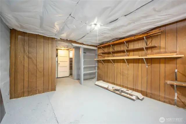 The stairs to the basement are off of the kitchen.