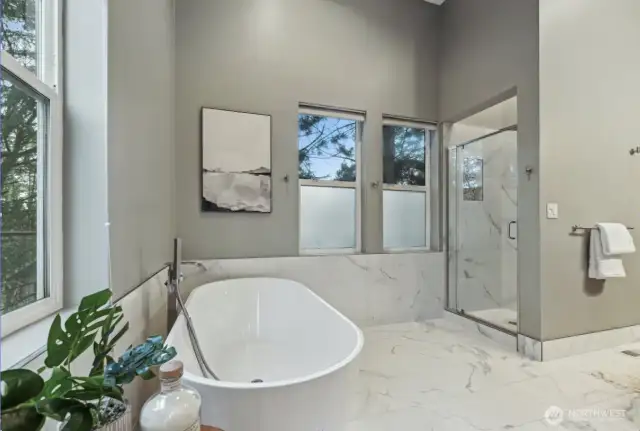 Soaking tub and walk in shower.