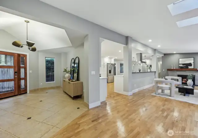 Main entrance on the left, living room on the right.  Kitchen straight ahead.