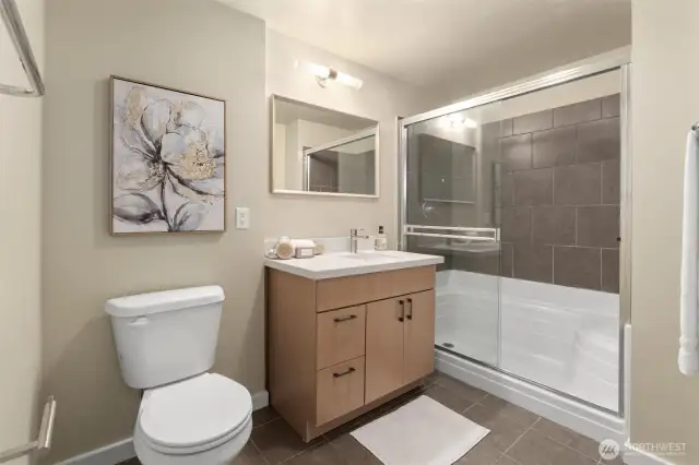 new bathroom vanity, mirror and lighting