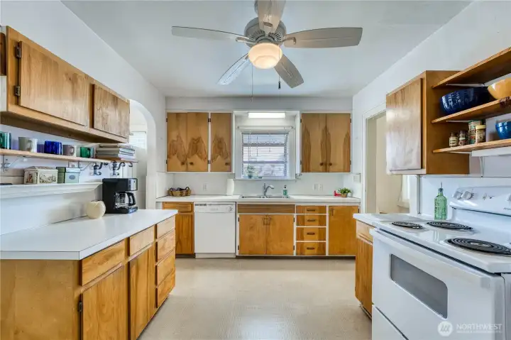 Well laid out kitchen with a classic vibe.  Keep the retro feel or add your personal touches.