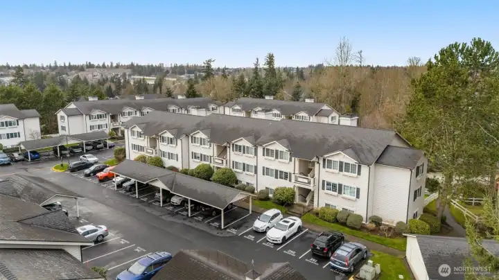 Overview of Building J the pathway to the right and behind the tree takes you to the clubhouse and play area
